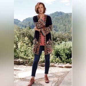 Soft Surroundings Black & Orange Knit Embroidered Fiberworks Kimono Jacket